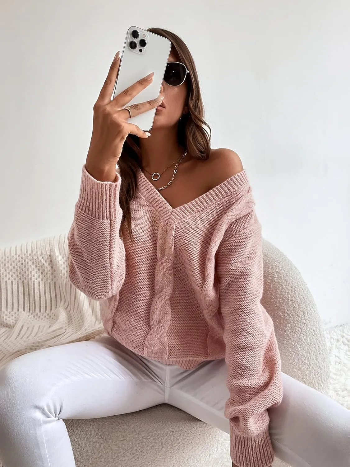 Women's Sweater Solid Cable Knit Sweater Sweater for Women(Dusty Pink,Large)