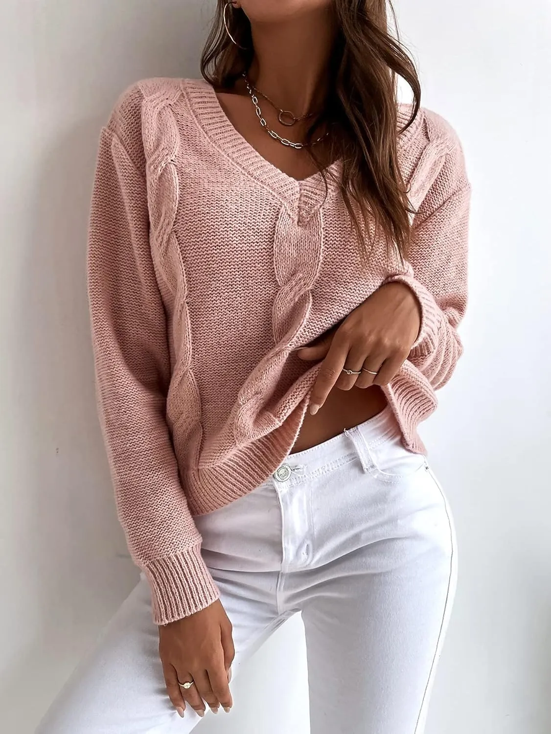 Women's Sweater Solid Cable Knit Sweater Sweater for Women(Dusty Pink,Large)