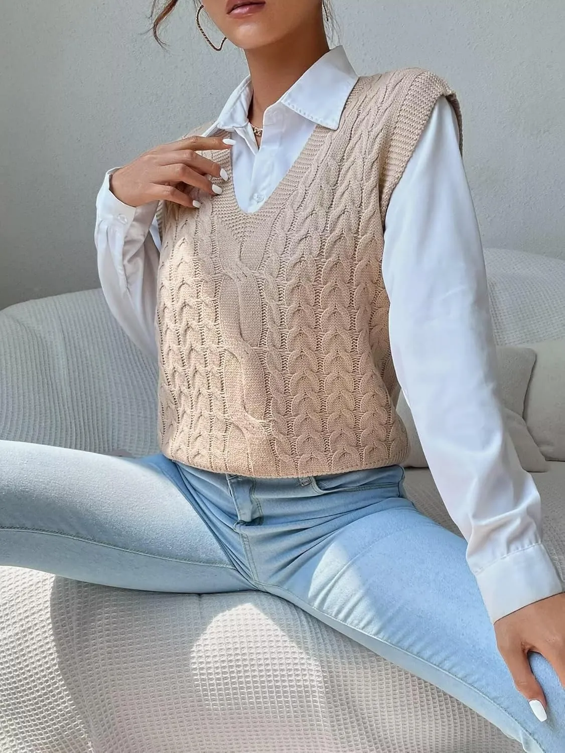 Womens Sweater Vest Cable Knit Casual V Neck Ribbed Preppy Pullover Tops Sleeveless