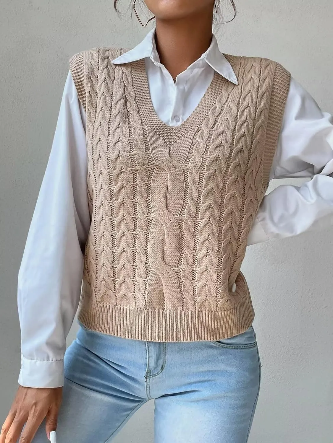 Womens Sweater Vest Cable Knit Casual V Neck Ribbed Preppy Pullover Tops Sleeveless
