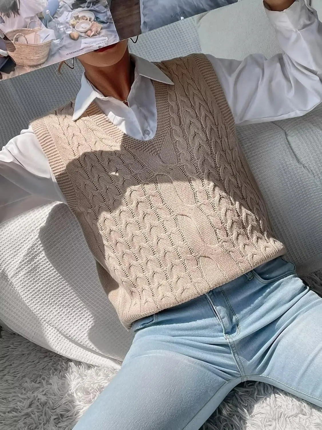 Womens Sweater Vest Cable Knit Casual V Neck Ribbed Preppy Pullover Tops Sleeveless