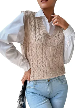 Womens Sweater Vest Cable Knit Casual V Neck Ribbed Preppy Pullover Tops Sleeveless