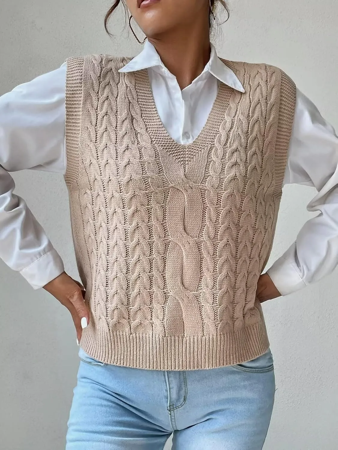Womens Sweater Vest Cable Knit Casual V Neck Ribbed Preppy Pullover Tops Sleeveless