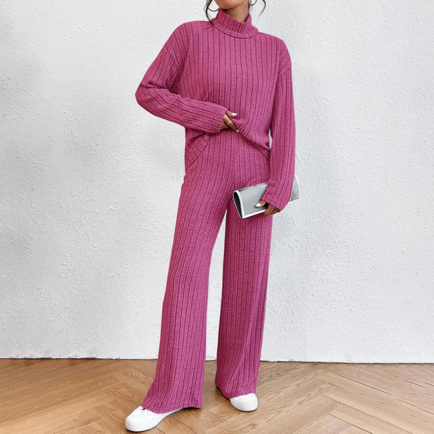 Womens Two Piece Sets V Neck Knit Sweater Sets Long Sleeve Pullover Tops and Wide Leg Pant Tracksuit Lounge Set