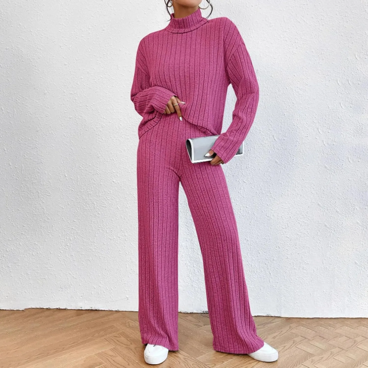 Womens Two Piece Sets V Neck Knit Sweater Sets Long Sleeve Pullover Tops and Wide Leg Pant Tracksuit Lounge Set