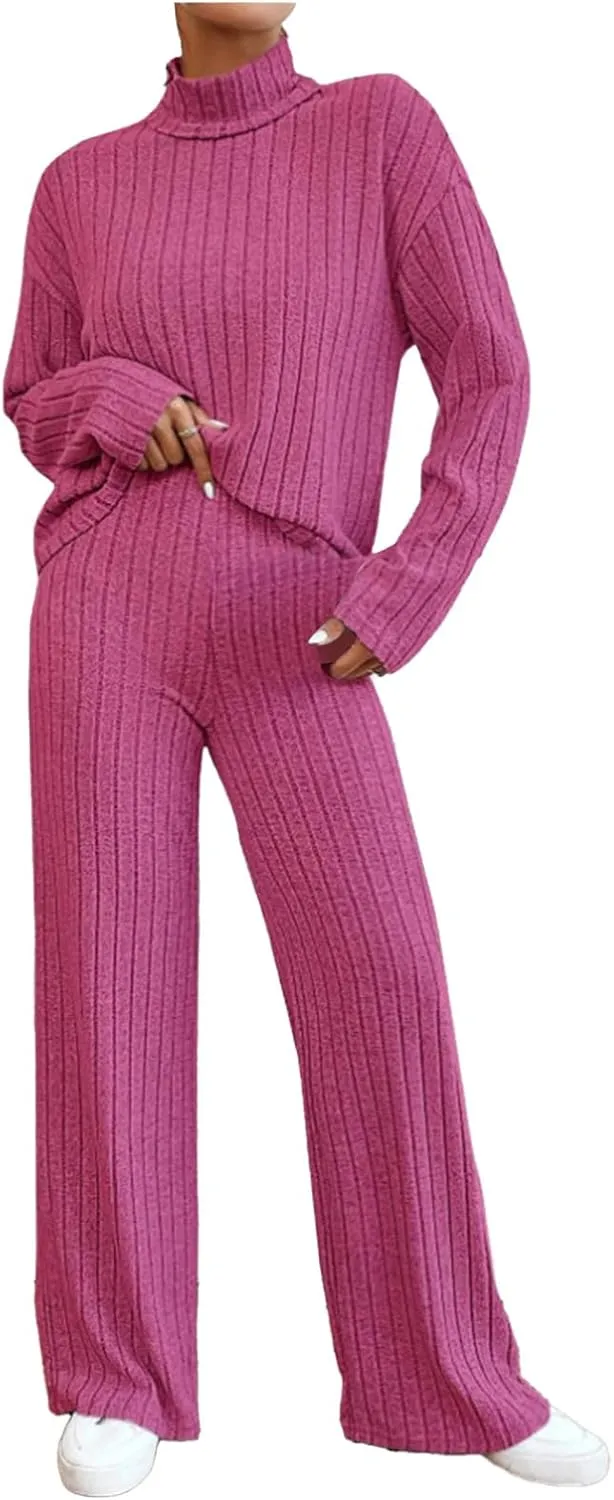 Womens Two Piece Sets V Neck Knit Sweater Sets Long Sleeve Pullover Tops and Wide Leg Pant Tracksuit Lounge Set