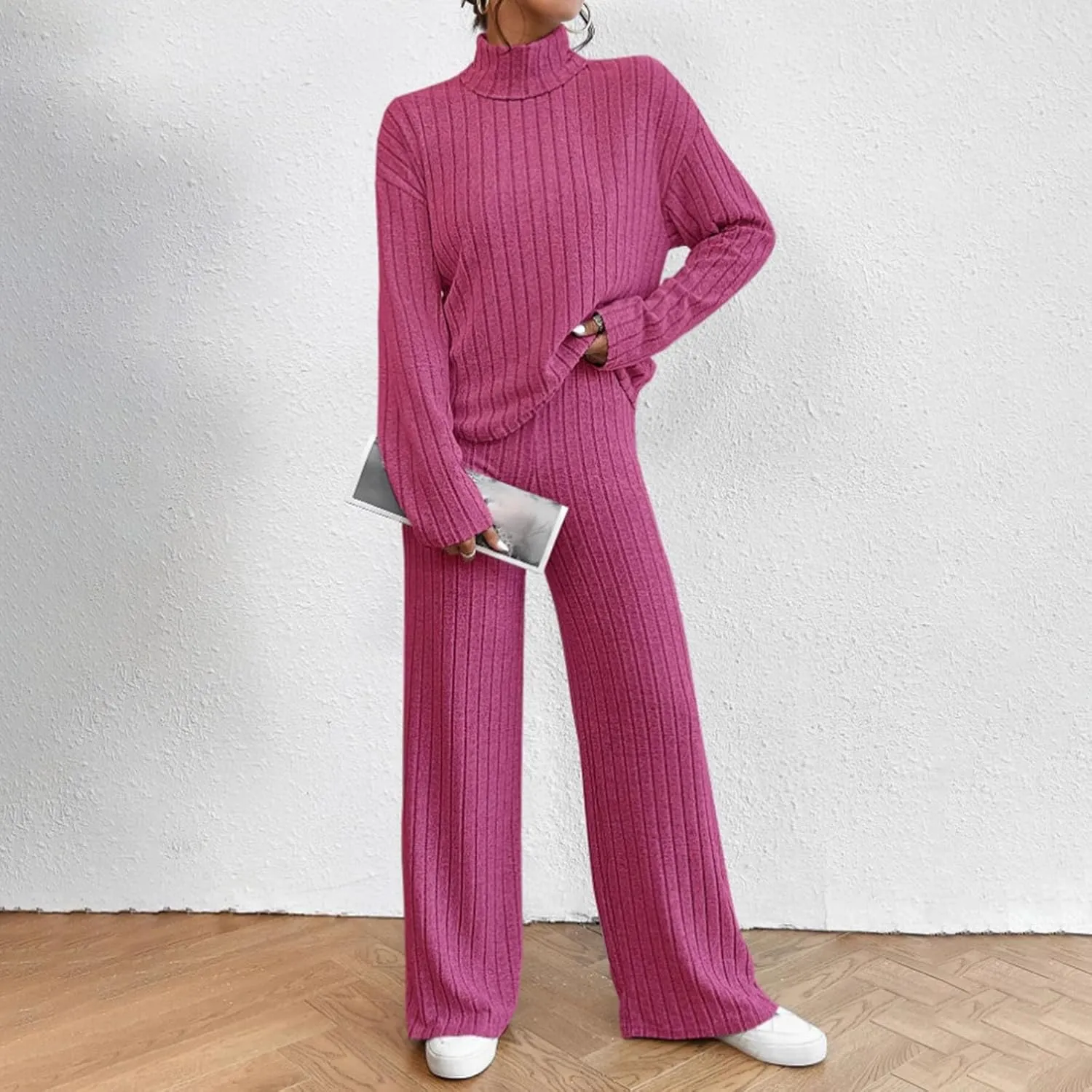 Womens Two Piece Sets V Neck Knit Sweater Sets Long Sleeve Pullover Tops and Wide Leg Pant Tracksuit Lounge Set