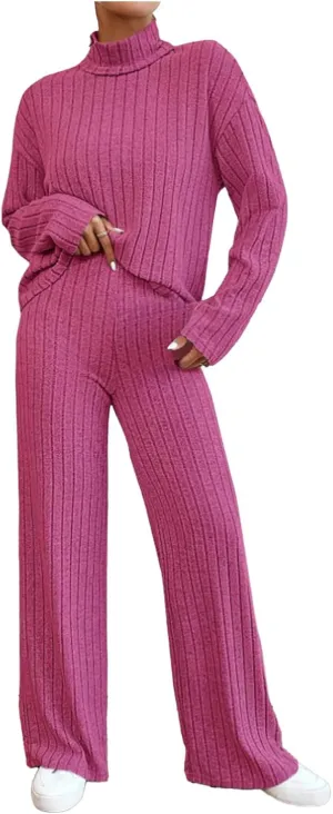 Womens Two Piece Sets V Neck Knit Sweater Sets Long Sleeve Pullover Tops and Wide Leg Pant Tracksuit Lounge Set