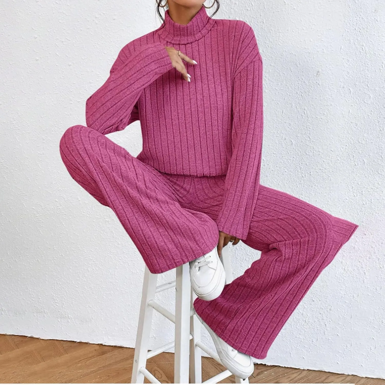Womens Two Piece Sets V Neck Knit Sweater Sets Long Sleeve Pullover Tops and Wide Leg Pant Tracksuit Lounge Set