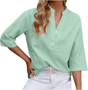 Women's V-Neck Long Sleeve Loose Button Cotton And Linen T-shirt Blouse,2024 Fall&Winter Womens Trendy Tops