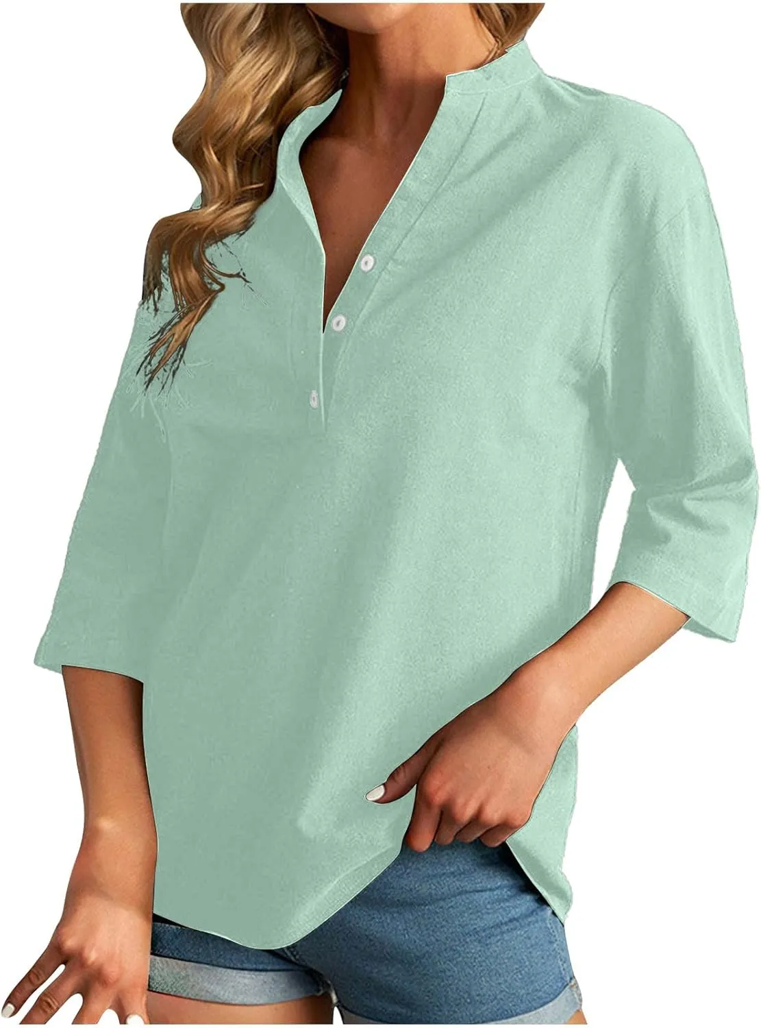 Women's V-Neck Long Sleeve Loose Button Cotton And Linen T-shirt Blouse,2024 Fall&Winter Womens Trendy Tops
