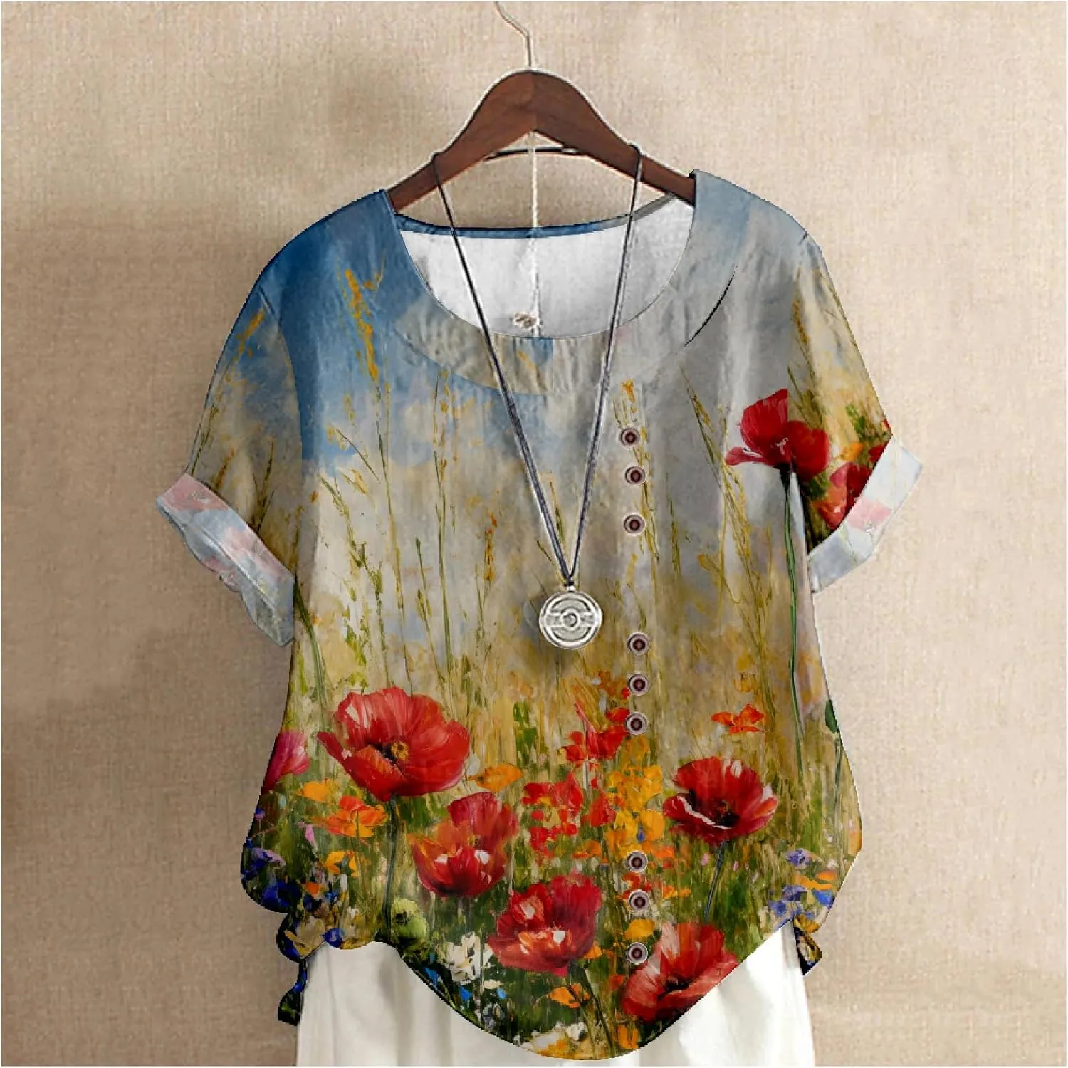 Women's Vintage Linen Tops Short Sleeve Boho Summer Graphic Tees Tunic Shirts Casual Loose Button Blouses