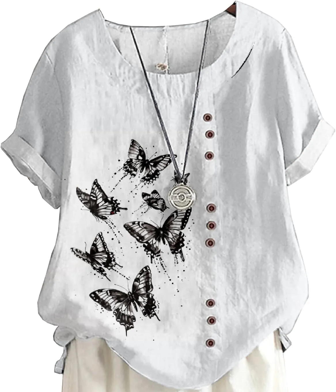 Women's Vintage Linen Tops Short Sleeve Boho Summer Graphic Tees Tunic Shirts Casual Loose Button Blouses