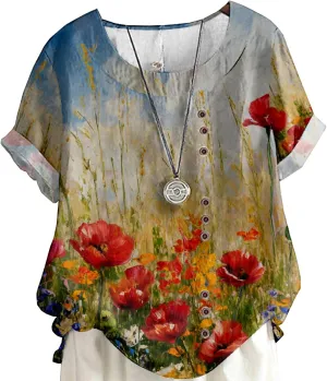 Women's Vintage Linen Tops Short Sleeve Boho Summer Graphic Tees Tunic Shirts Casual Loose Button Blouses