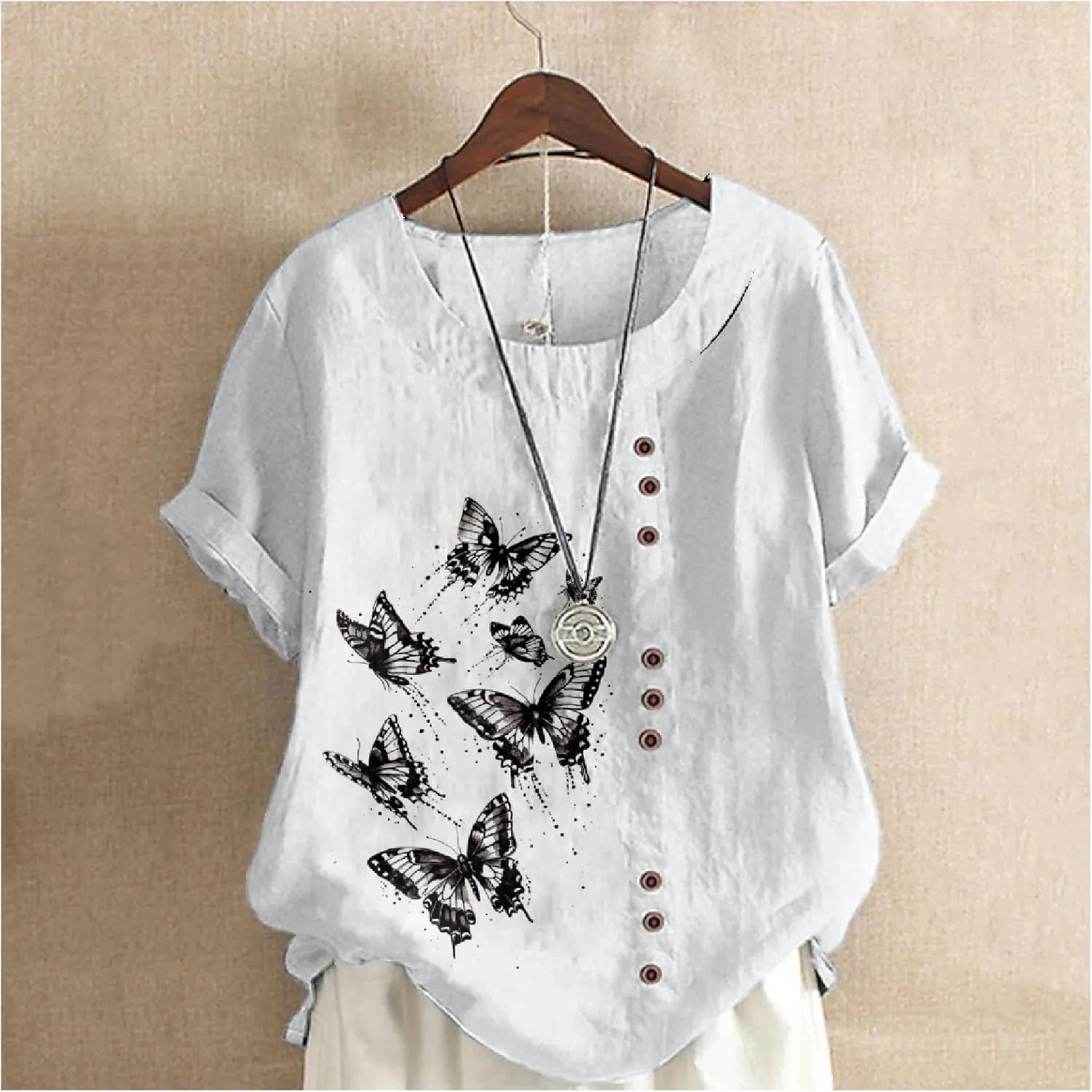Women's Vintage Linen Tops Short Sleeve Boho Summer Graphic Tees Tunic Shirts Casual Loose Button Blouses
