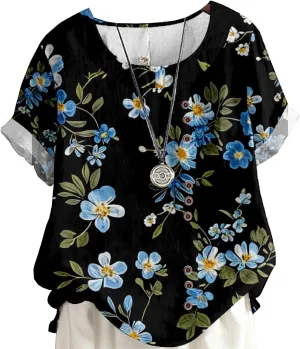 Women's Vintage Linen Tops Short Sleeve Boho Summer Graphic Tees Tunic T Shirts Casual Button Down Blouses