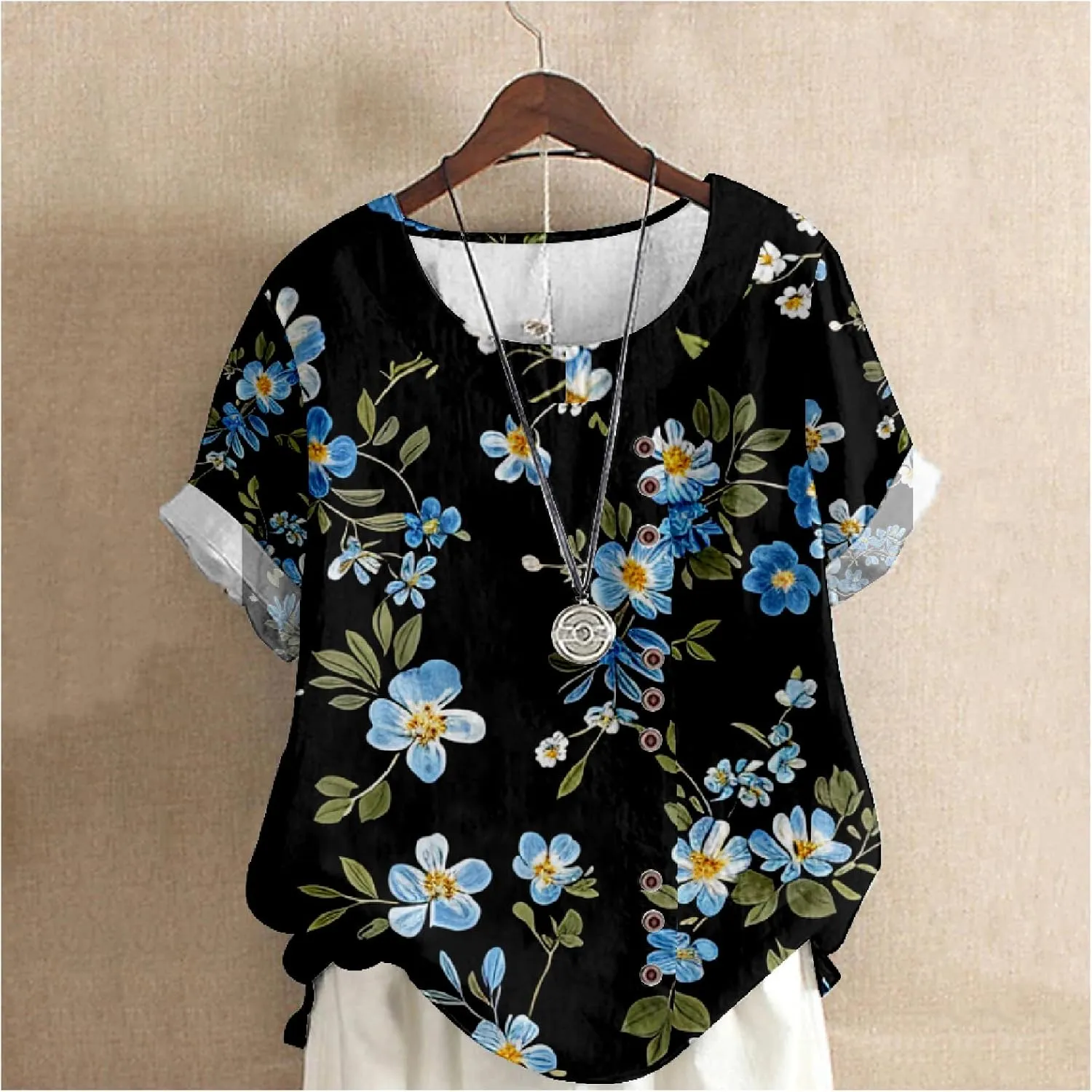Women's Vintage Linen Tops Short Sleeve Boho Summer Graphic Tees Tunic T Shirts Casual Button Down Blouses