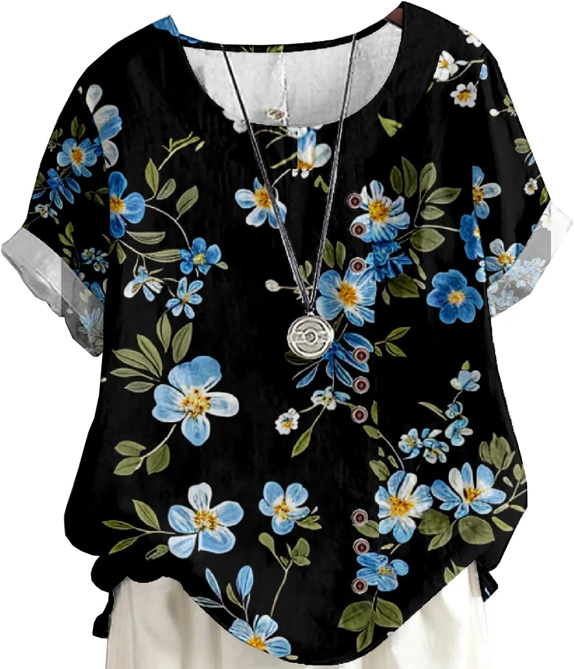 Women's Vintage Linen Tops Short Sleeve Boho Summer Graphic Tees Tunic T Shirts Casual Button Down Blouses