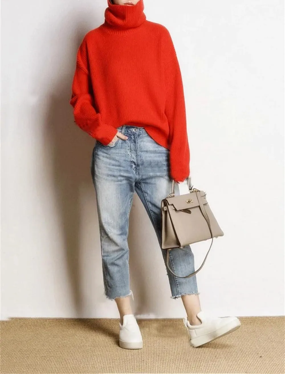 Women's Warm Wool Sweater Winter Turtlenecks Casual Loose Oversized Knitted Pullover Sweaters Top