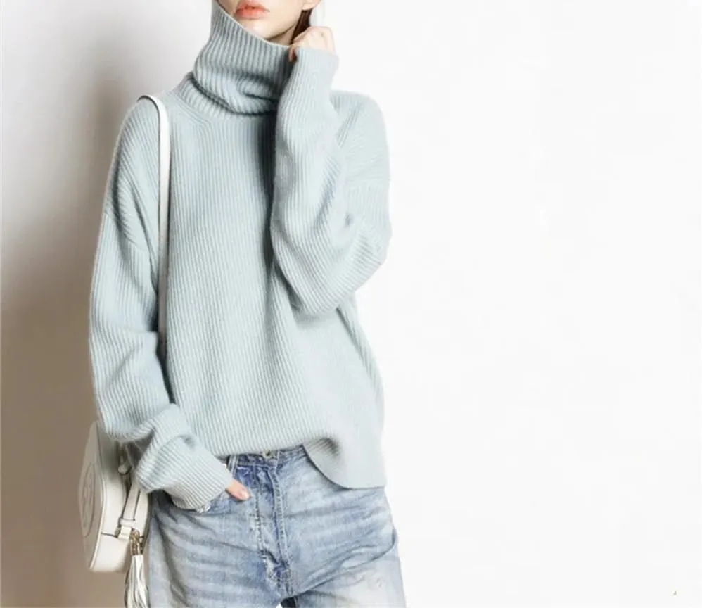 Women's Warm Wool Sweater Winter Turtlenecks Casual Loose Oversized Knitted Pullover Sweaters Top