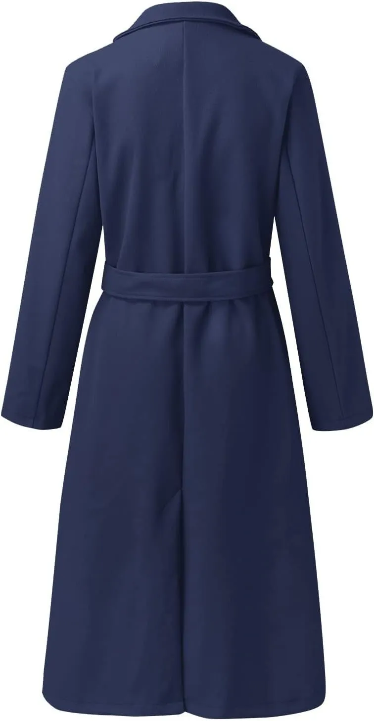 Women's Wool Blend Pea Coats Winter Casual Lapel Trench Coat Open Front Windproof Long Jackets for Women with Belt