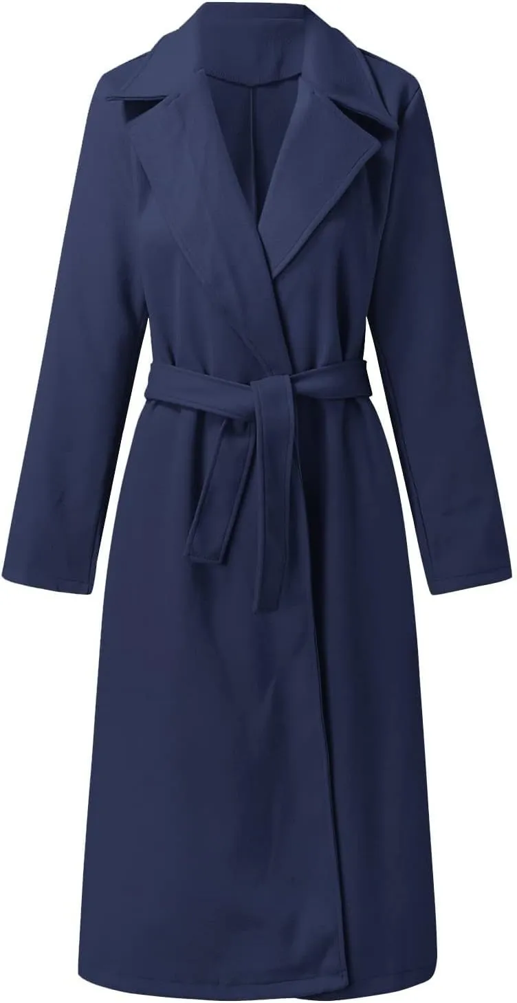 Women's Wool Blend Pea Coats Winter Casual Lapel Trench Coat Open Front Windproof Long Jackets for Women with Belt