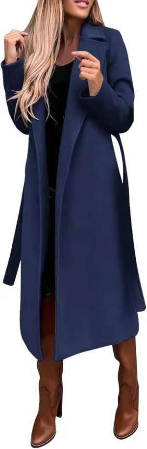 Women's Wool Blend Pea Coats Winter Casual Lapel Trench Coat Open Front Windproof Long Jackets for Women with Belt
