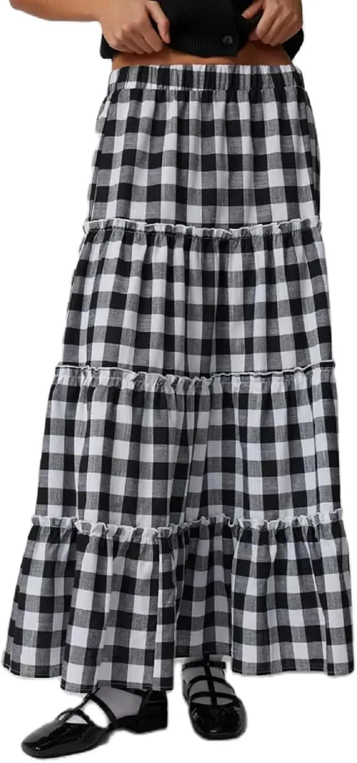 Y2K Plaid Tiered Maxi Skirts Women Boho Flowy A Line Long Skirts Elastic High Waist Gingham Ruffle Vintage Skirts