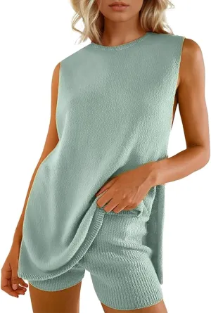 Yimoon Womens Summer Sweater Set 2 Piece Beach Vacation Outfits Sleeveless Tunic Top Matching Shorts Lounge Set(Green-M), Medium