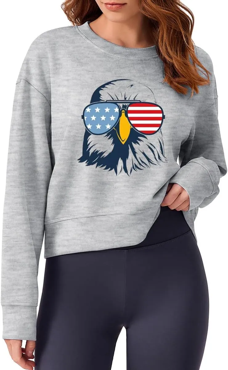 Ymoshoe 4th of July Sweatshirts For Women USA Cropped Sweatshirt American Flag Sweaters Long Sleeve Patriotic Crop Tops 2025
