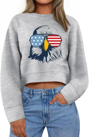 Ymoshoe 4th of July Sweatshirts For Women USA Cropped Sweatshirt American Flag Sweaters Long Sleeve Patriotic Crop Tops 2025