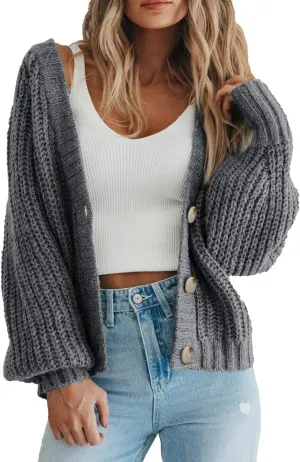 yoeasy Women's Button Open Front Cardigan Long Sleeve Chunky Knit Loose Trendy Short Sweater Outerwear Coats