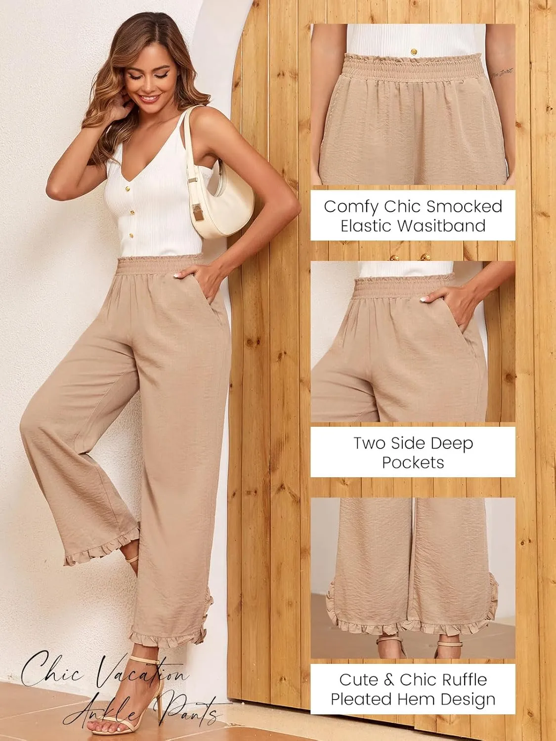 ZAFUL Womens Wide Leg Pants Casual High Waisted Ruffle Pants Summer Boho Beach Pockets Trousers