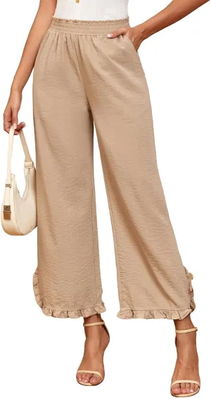 ZAFUL Womens Wide Leg Pants Casual High Waisted Ruffle Pants Summer Boho Beach Pockets Trousers