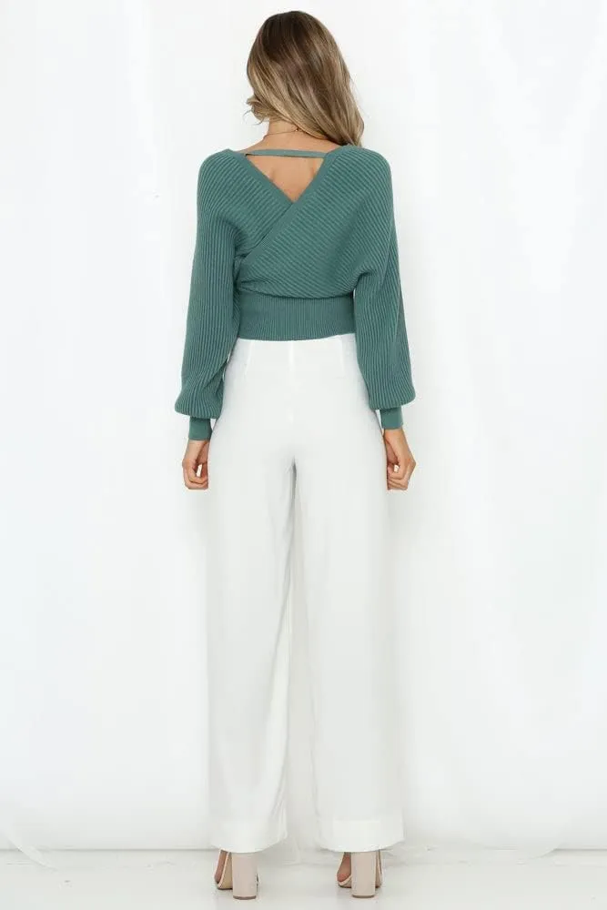 ZAFUL Women's Wrap V Neck Knit Cropped Sweater Lantern Long Sleeve Sexy Cross Ribbed Drop Shoulder Pullover Tops