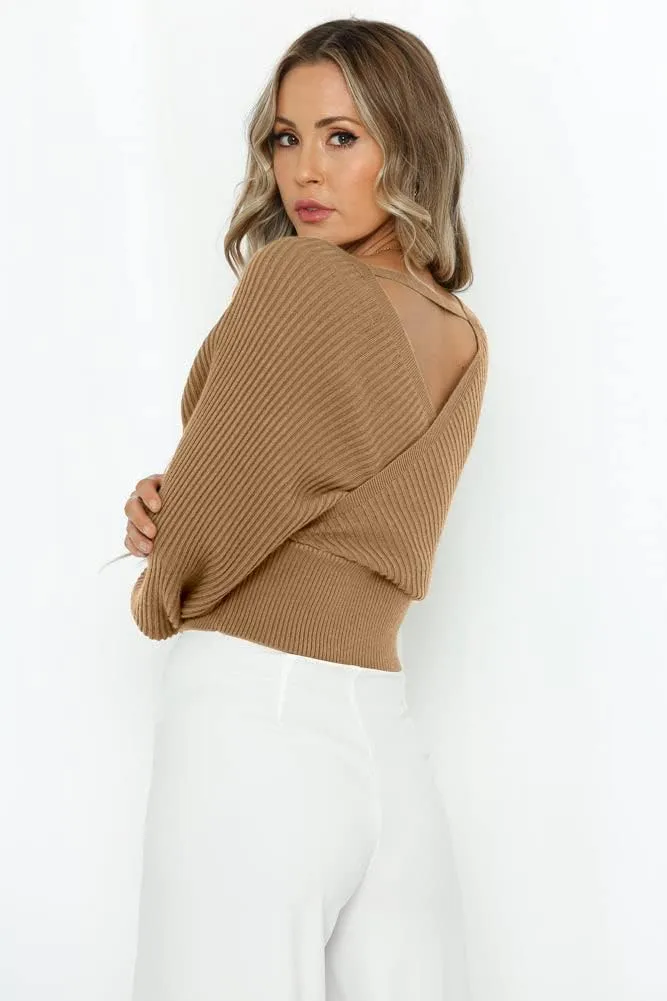 ZAFUL Women's Wrap V Neck Knit Cropped Sweater Lantern Long Sleeve Sexy Cross Ribbed Drop Shoulder Pullover Tops