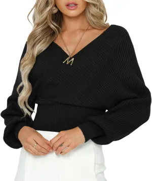 ZAFUL Women's Wrap V Neck Knit Cropped Sweater Lantern Long Sleeve Sexy Cross Ribbed Drop Shoulder Pullover Tops