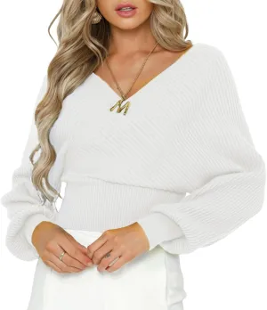 ZAFUL Women's Wrap V Neck Knit Cropped Sweater Lantern Long Sleeve Sexy Cross Ribbed Drop Shoulder Pullover Tops