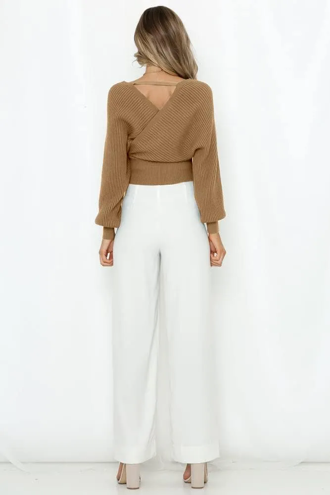 ZAFUL Women's Wrap V Neck Knit Cropped Sweater Lantern Long Sleeve Sexy Cross Ribbed Drop Shoulder Pullover Tops