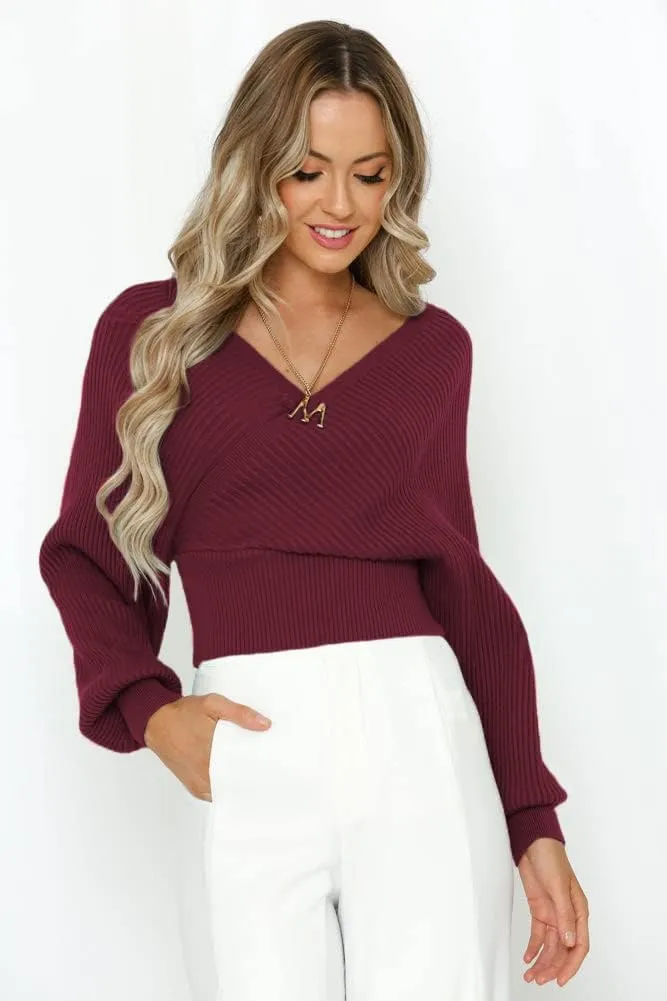 ZAFUL Women's Wrap V Neck Knit Cropped Sweater Lantern Long Sleeve Sexy Cross Ribbed Drop Shoulder Pullover Tops