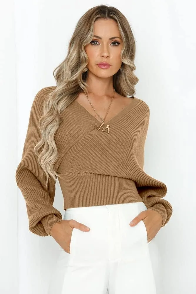 ZAFUL Women's Wrap V Neck Knit Cropped Sweater Lantern Long Sleeve Sexy Cross Ribbed Drop Shoulder Pullover Tops