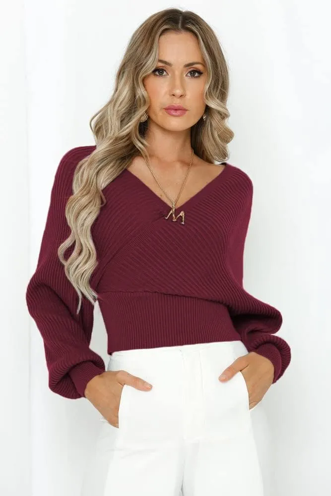 ZAFUL Women's Wrap V Neck Knit Cropped Sweater Lantern Long Sleeve Sexy Cross Ribbed Drop Shoulder Pullover Tops
