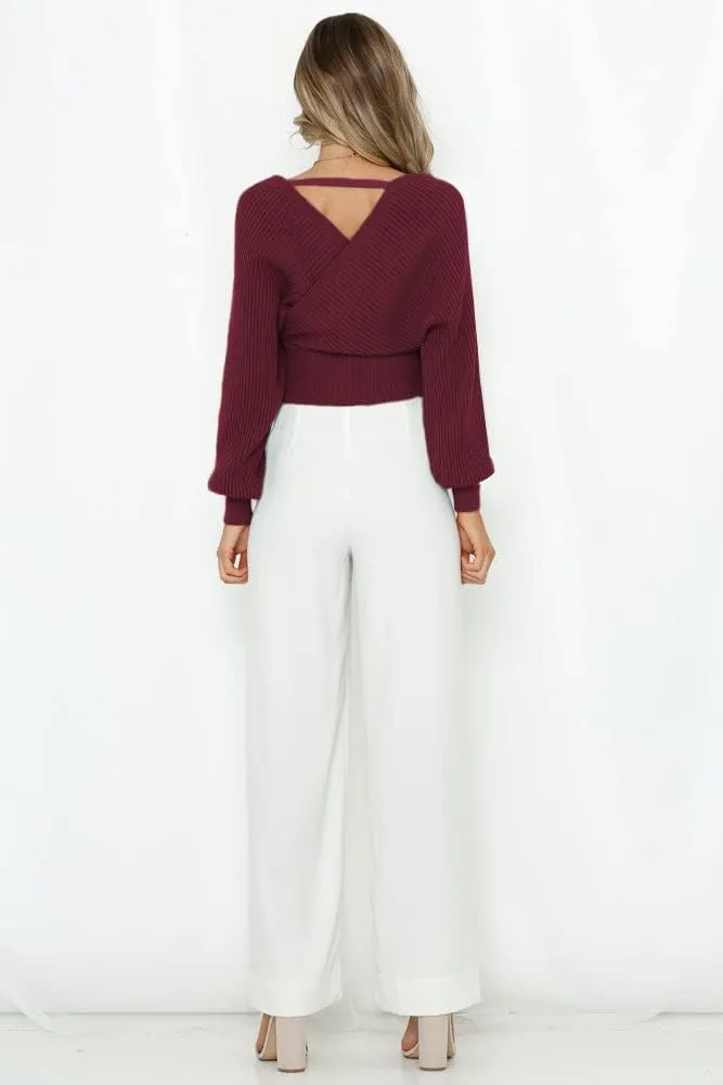 ZAFUL Women's Wrap V Neck Knit Cropped Sweater Lantern Long Sleeve Sexy Cross Ribbed Drop Shoulder Pullover Tops