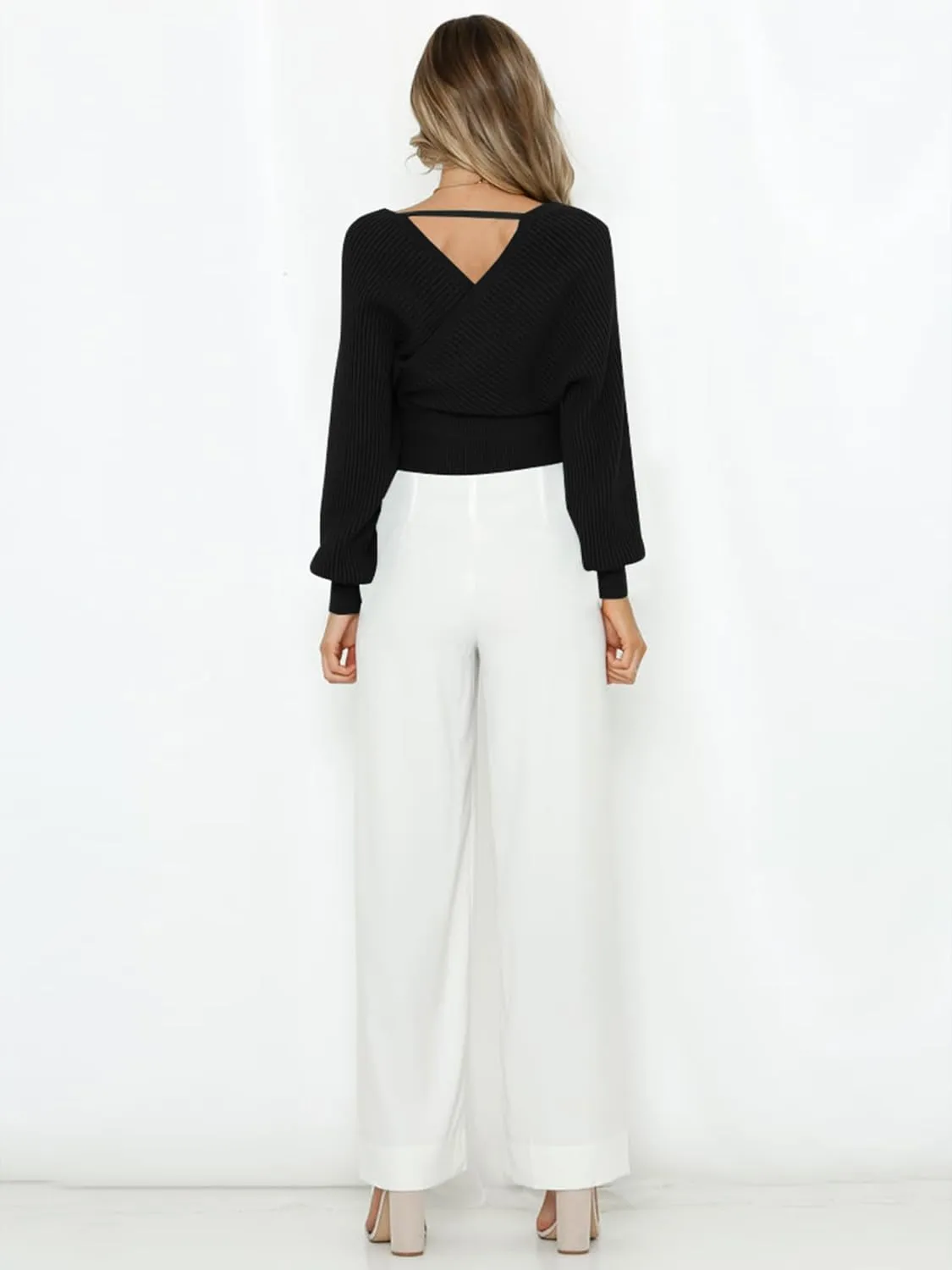 ZAFUL Women's Wrap V Neck Knit Cropped Sweater Lantern Long Sleeve Sexy Cross Ribbed Drop Shoulder Pullover Tops