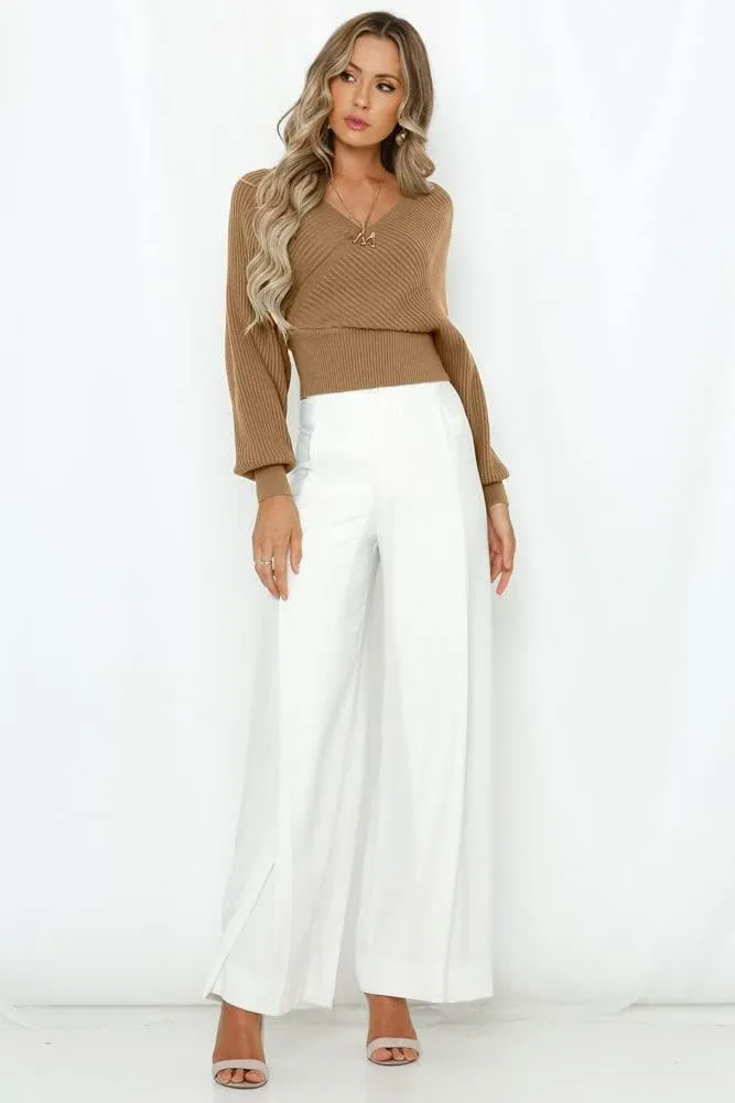 ZAFUL Women's Wrap V Neck Knit Cropped Sweater Lantern Long Sleeve Sexy Cross Ribbed Drop Shoulder Pullover Tops