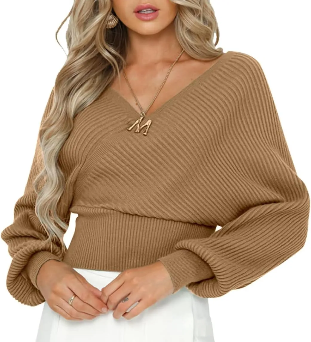 ZAFUL Women's Wrap V Neck Knit Cropped Sweater Lantern Long Sleeve Sexy Cross Ribbed Drop Shoulder Pullover Tops