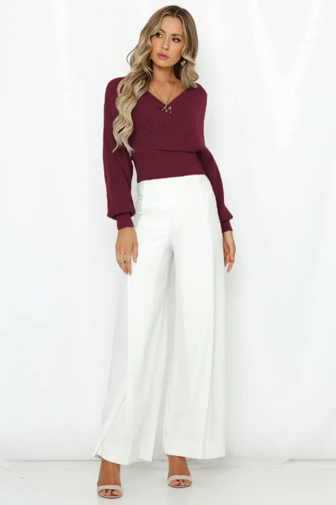 ZAFUL Women's Wrap V Neck Knit Cropped Sweater Lantern Long Sleeve Sexy Cross Ribbed Drop Shoulder Pullover Tops