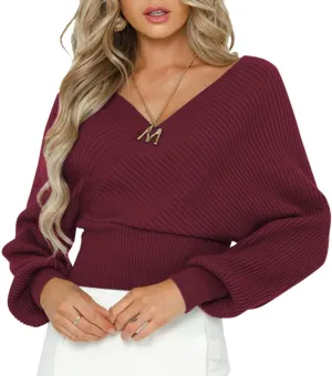 ZAFUL Women's Wrap V Neck Knit Cropped Sweater Lantern Long Sleeve Sexy Cross Ribbed Drop Shoulder Pullover Tops