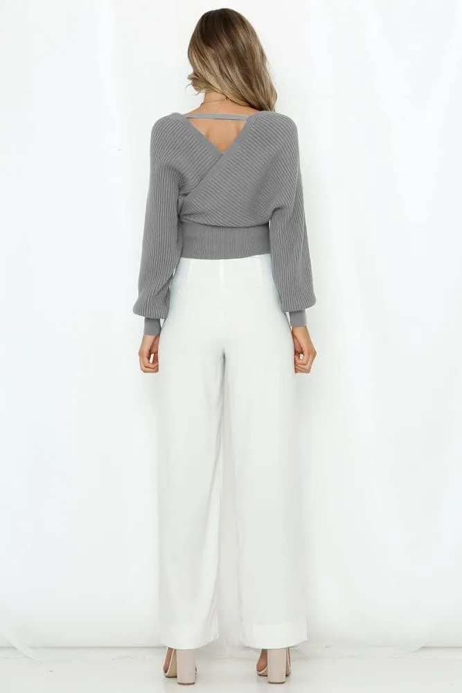 ZAFUL Women's Wrap V Neck Knit Cropped Sweater Lantern Long Sleeve Sexy Cross Ribbed Drop Shoulder Pullover Tops