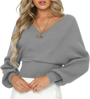 ZAFUL Women's Wrap V Neck Knit Cropped Sweater Lantern Long Sleeve Sexy Cross Ribbed Drop Shoulder Pullover Tops